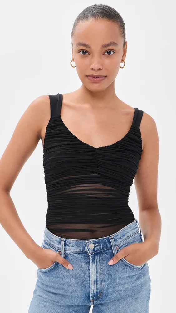 Renee Sheer Soft Ruched Tank Thong Bodysuit