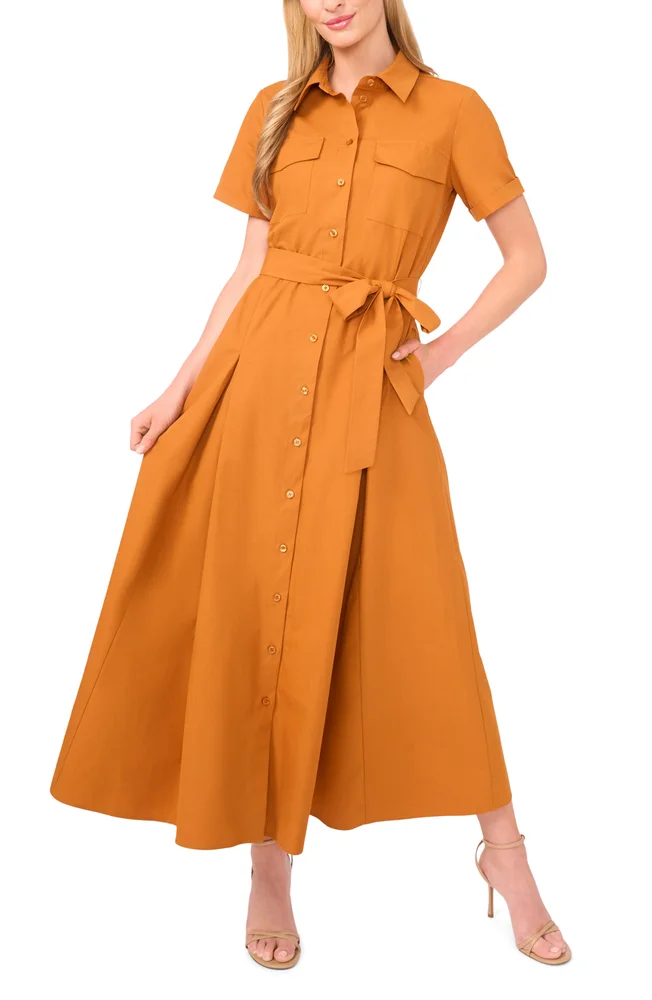Box Pleat Tie Belt Cotton Maxi Shirtdress