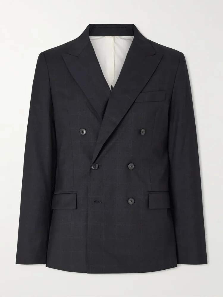Double-Breasted Checked Virgin Suit Jacket