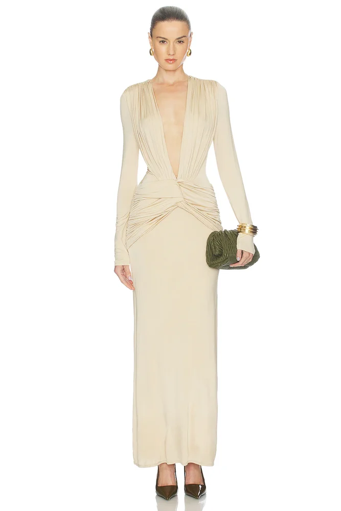 Miro Long Sleeve Plunged Maxi Dress