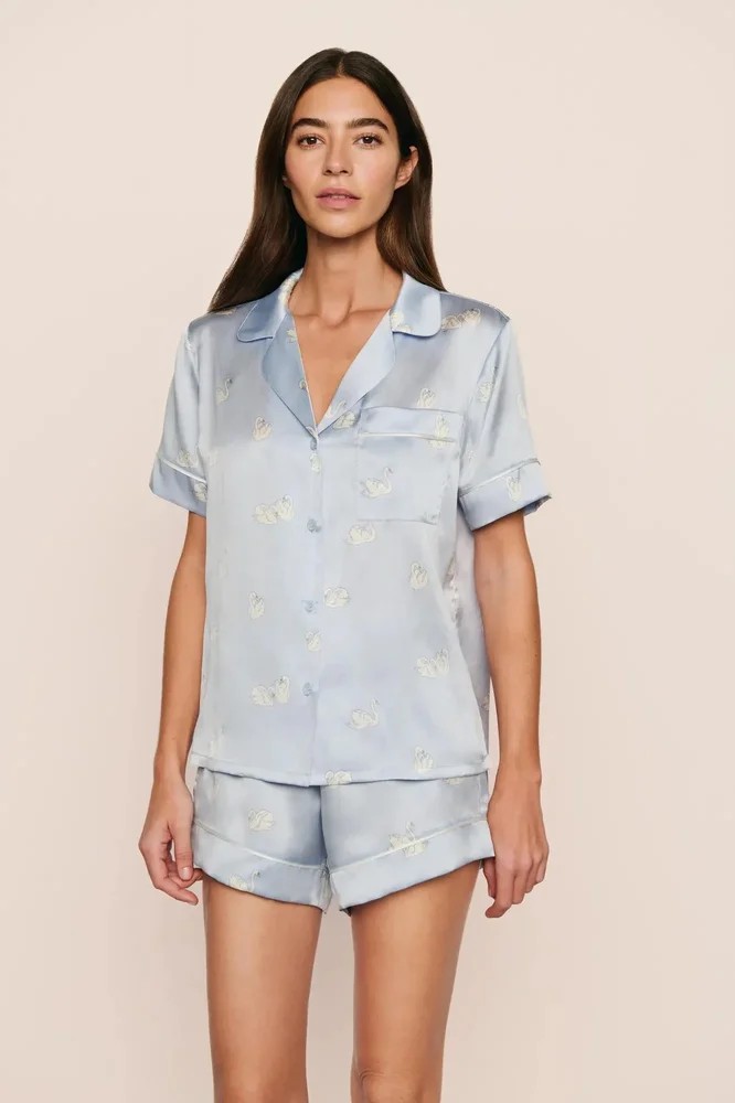 Inez Washable Silk Printed Short PJ Set, Large Swans Powder Blue/Ivory