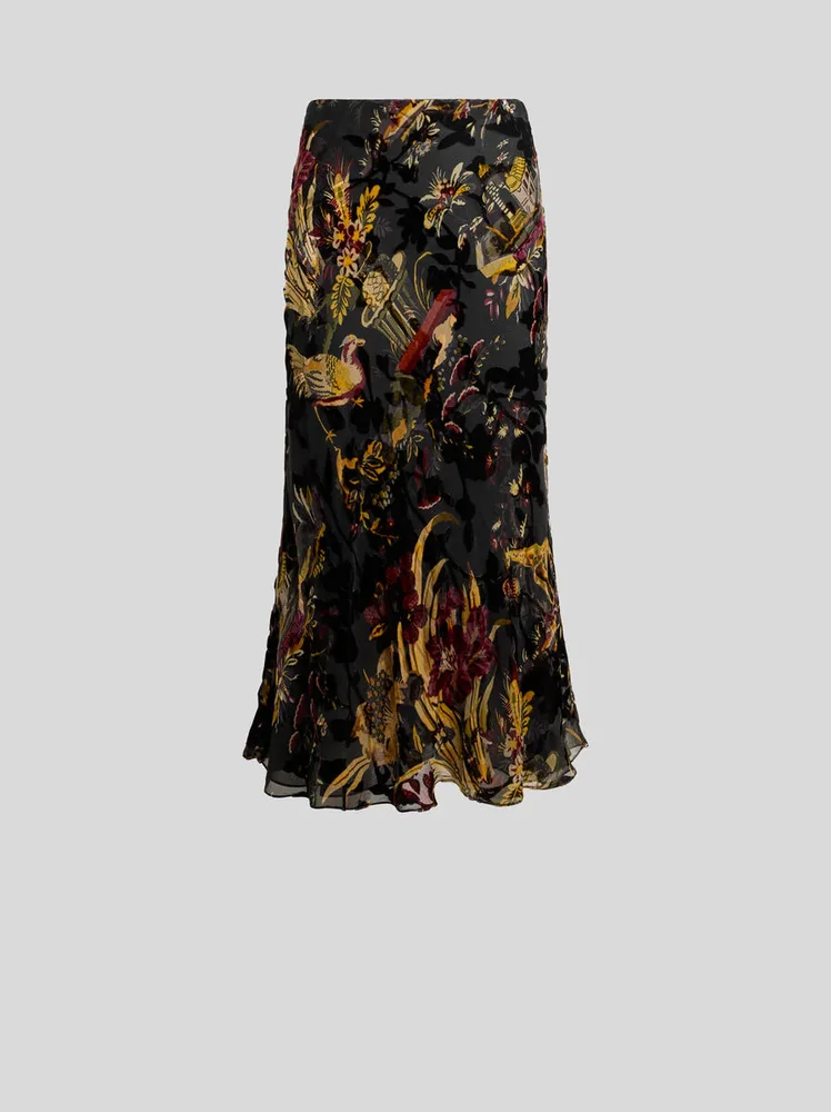 Silk-blend burnout velvet midi skirt with flower and animal motif
