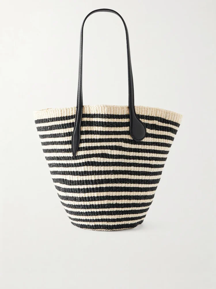 Striped leather-trimmed sisal shoulder bag