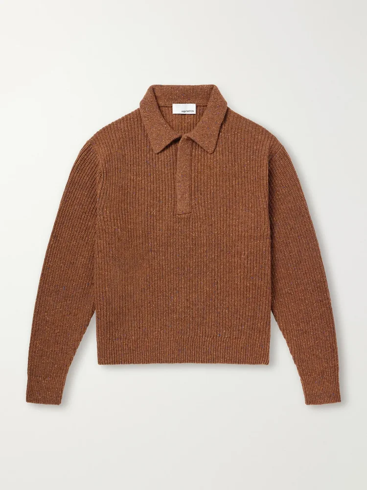 Ribbed-Knit Wool Polo Sweater