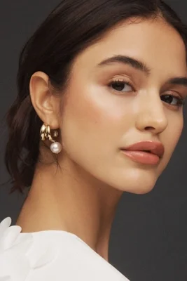 Farrah Pearl Drop Double Hoop Earrings