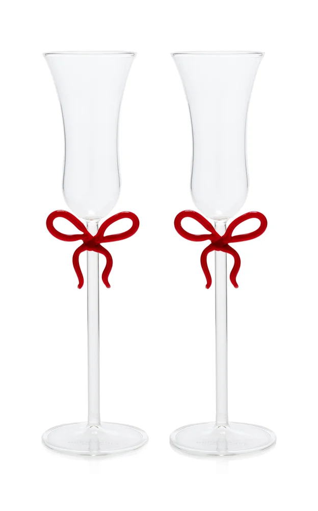 Set-of-Two Bow-Detailed Glass Champagne Flutes