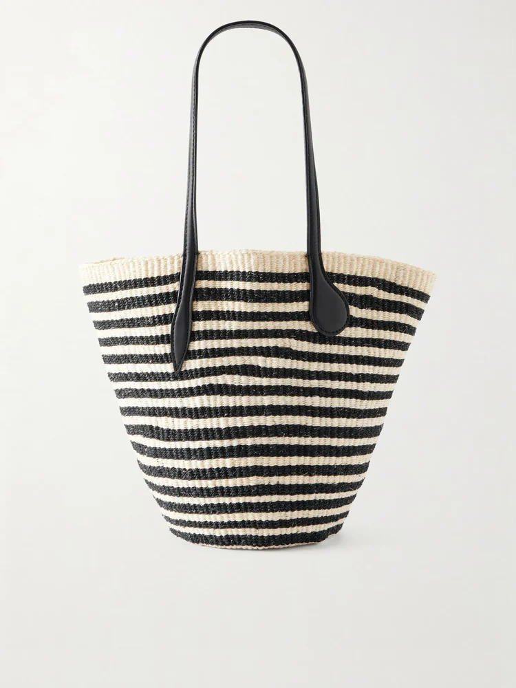Striped leather-trimmed sisal shoulder bag