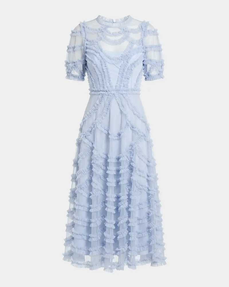 Ruffle-Trim Mesh Midi Dress