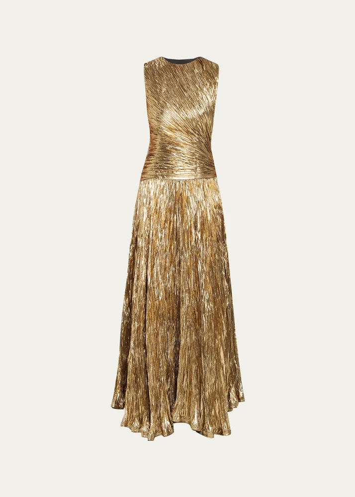 Sleeveless Metallic Plisse Drop-Waist Gown