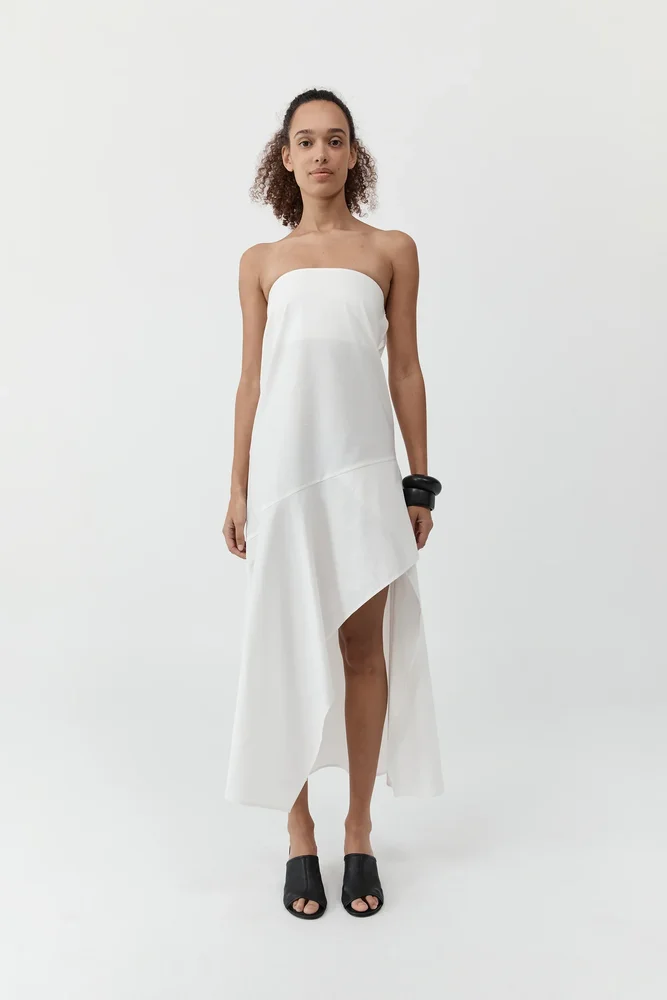 Oxford Strapless Asymm Dress - White