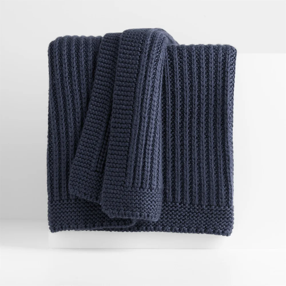 Deep Indigo Wool Blend Fisherman Knit Throw Blanket