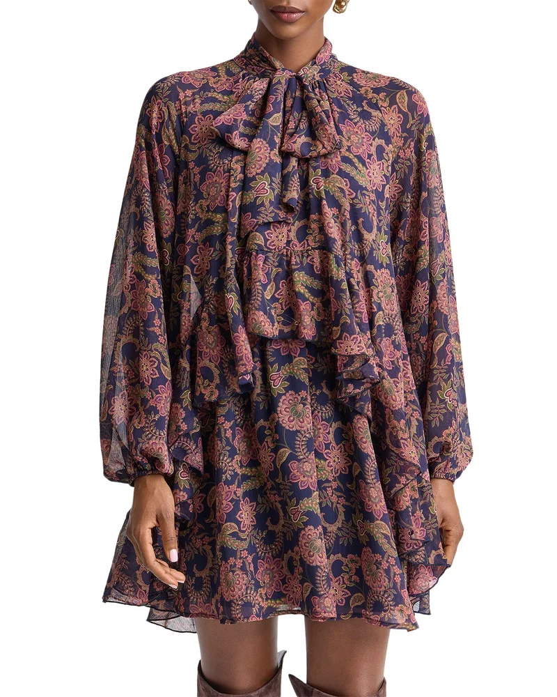 Printed Tie Neck Balloon Sleeve Mini Dress