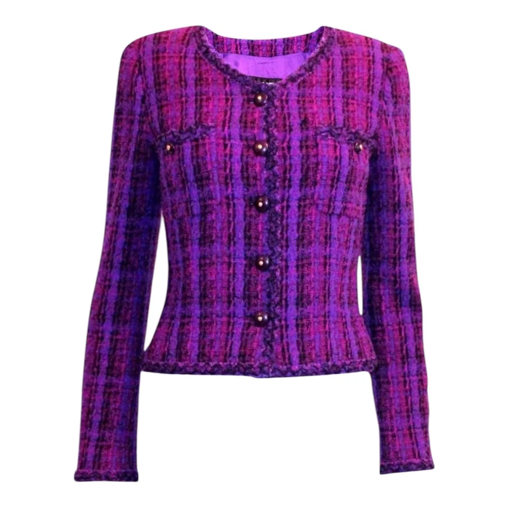 Chanel FW 1995 Purple Checked Fantasy Fringe Tweed Jacket Blazer 36
