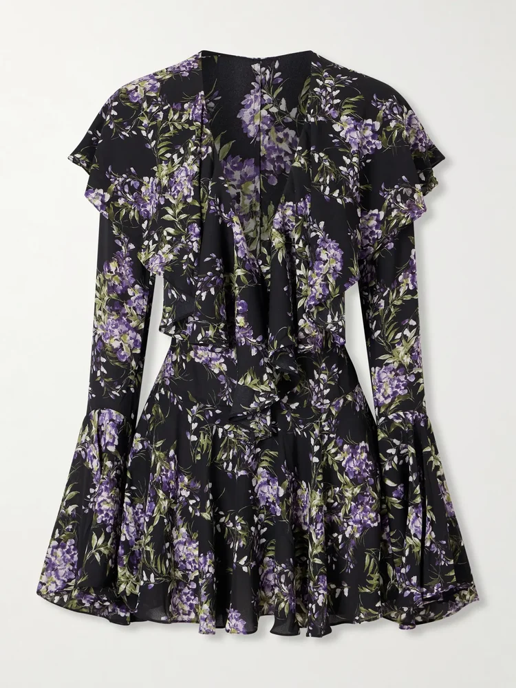 Floral-Print Ruffled Crepe Mini Dress