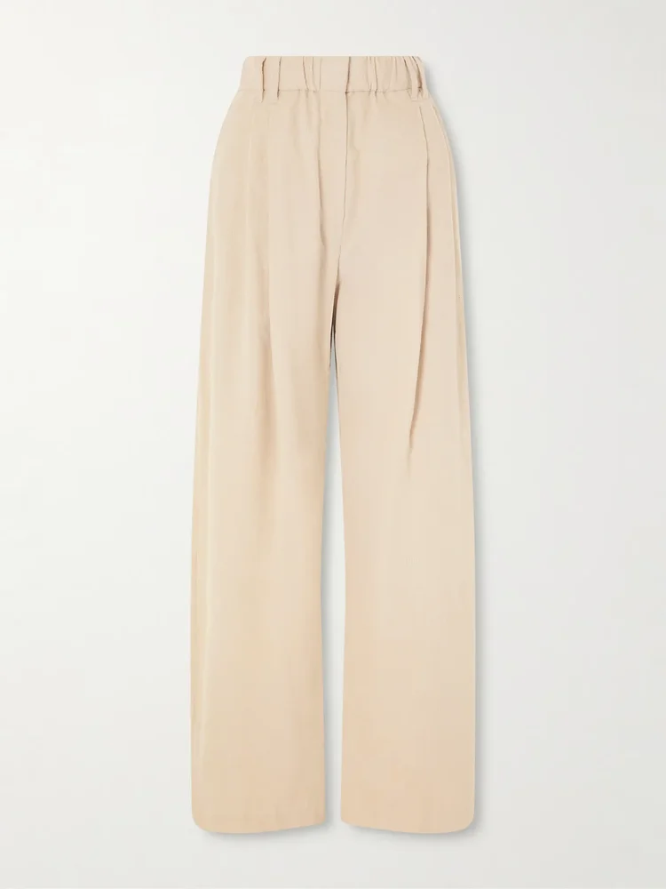 Pleated cotton, Lyocell and cashmere-blend corduroy wide-leg pants
