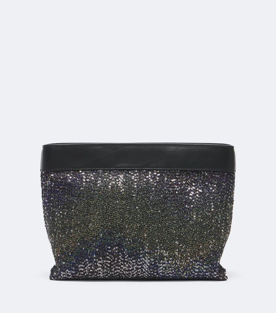 Sequined leather-trimmed clutch