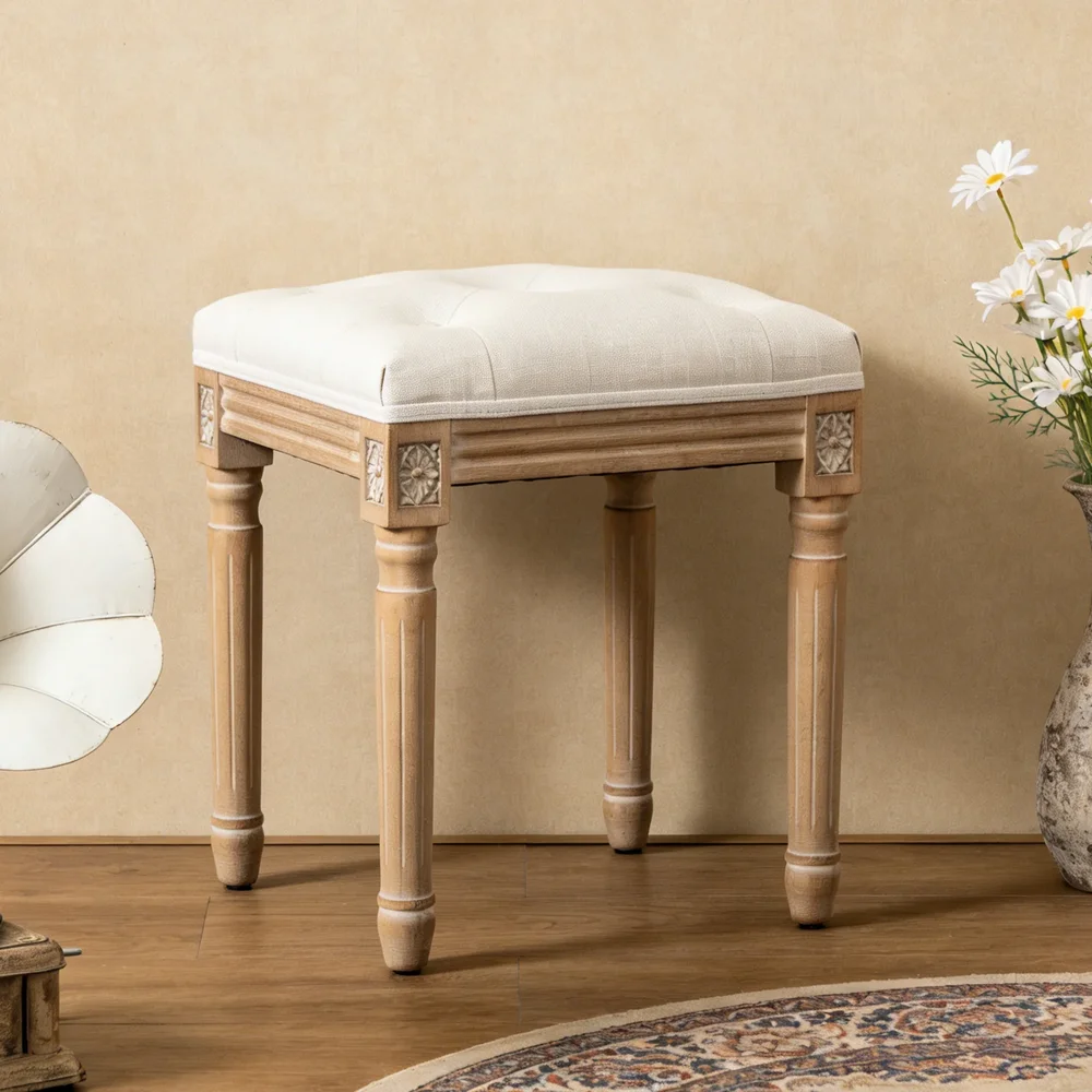 Bronson Tufted Vanity Stool with Linen Upholstery