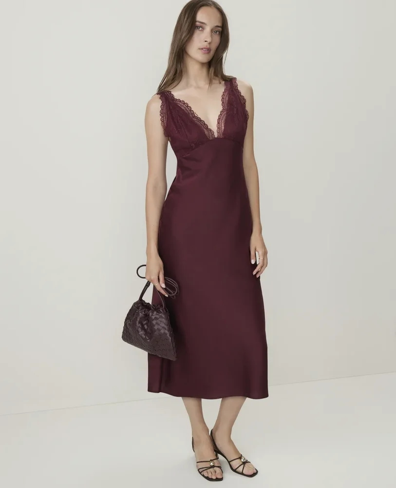 Lace Trim Satin Midi Slip Dress