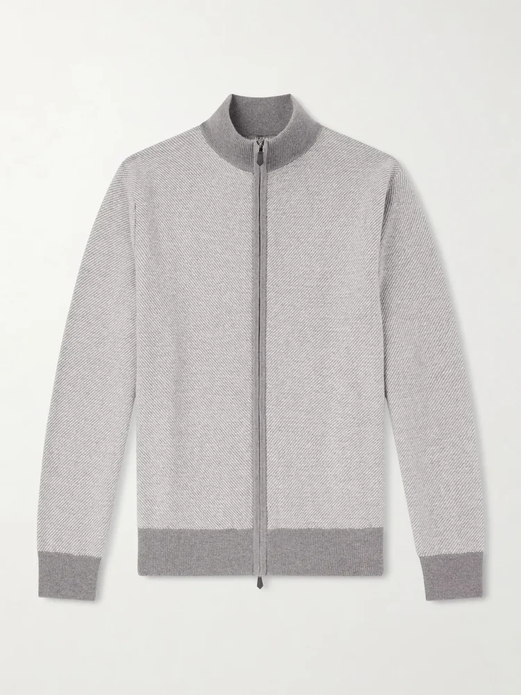 Birdseye Textured Organic Cashmere Zip-Up Cardigan