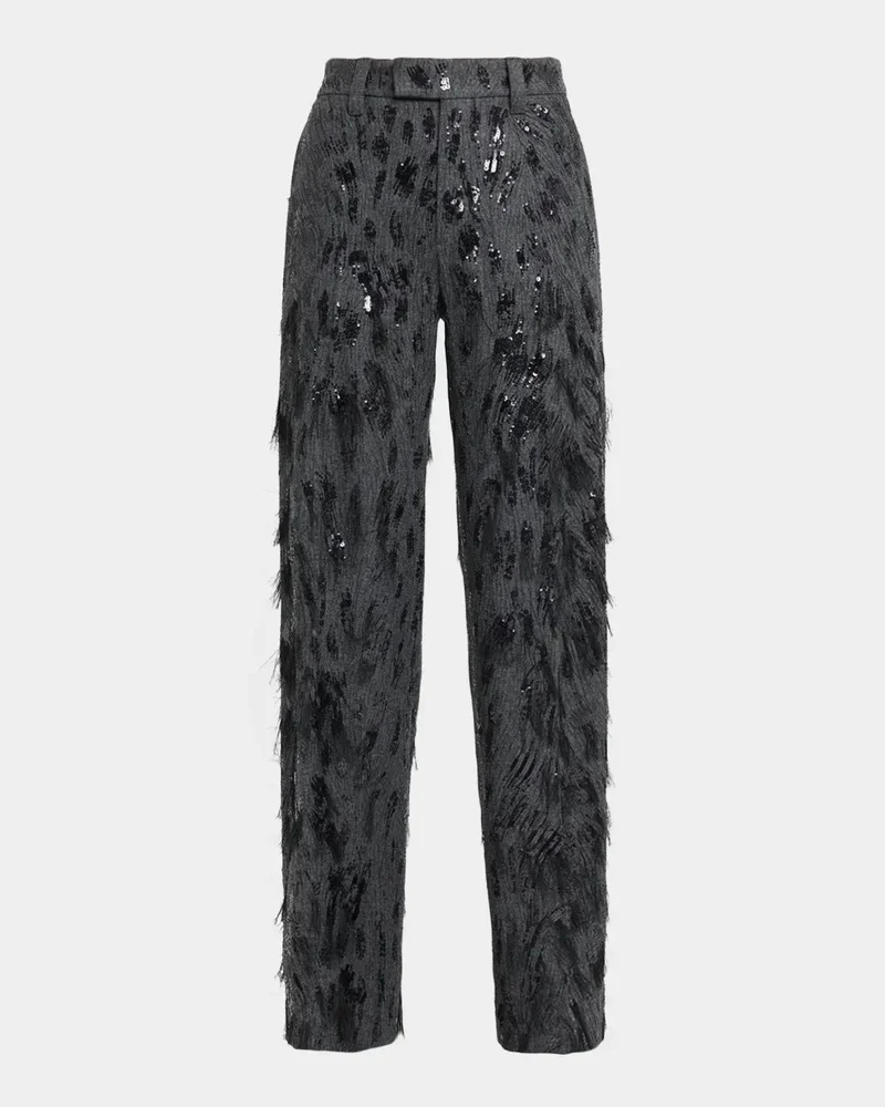 Animalier Sequined Fringe Wool-Cashmere Wide-Leg Trousers