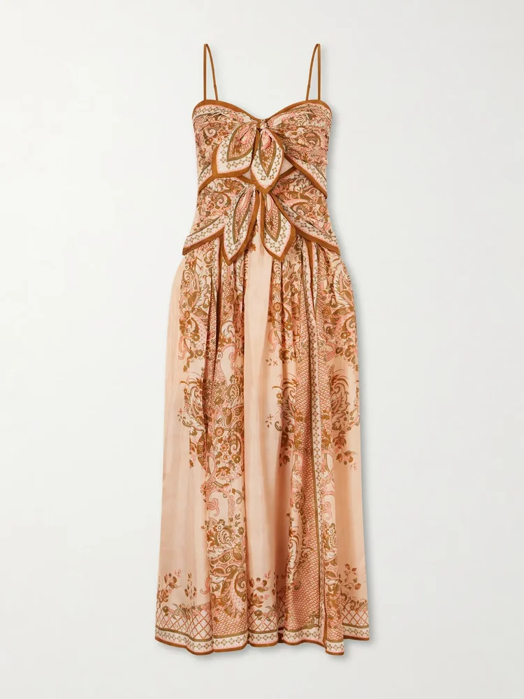 Aster cutout knotted printed silk midi dress