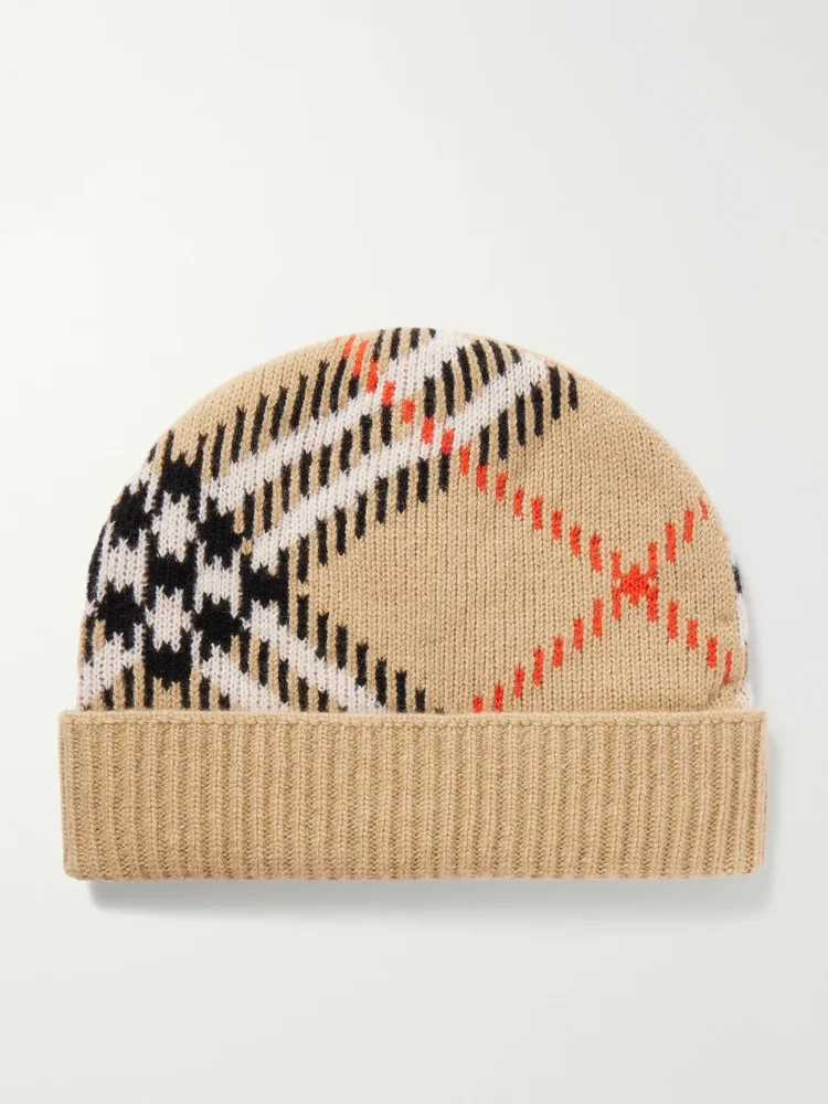 Checked ribbed cashmere-blend beanie