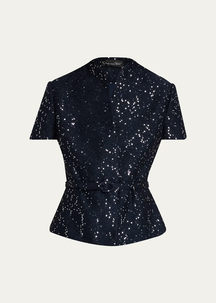 Short-Sleeve Sequined Wool Tweed Lady Jacket