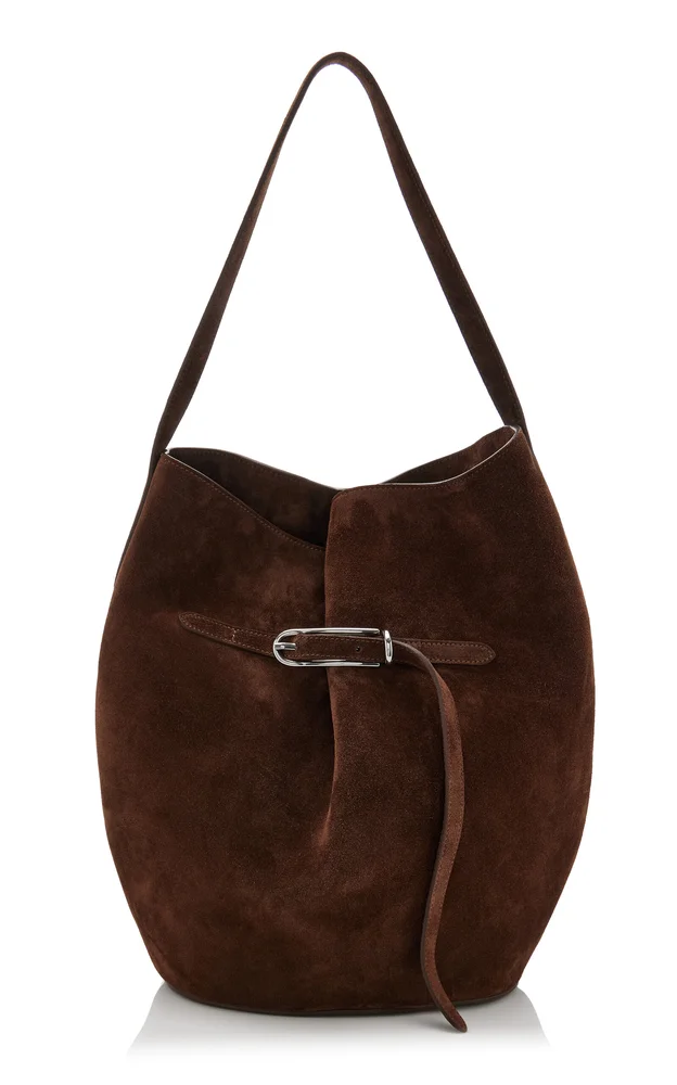 Large Belted Suede Bucket Bag
