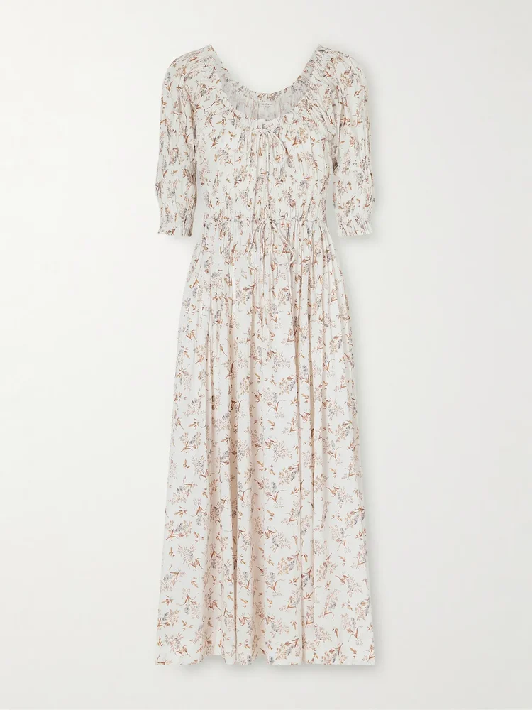 Ischia floral-print gathered organic cotton-voile midi dress