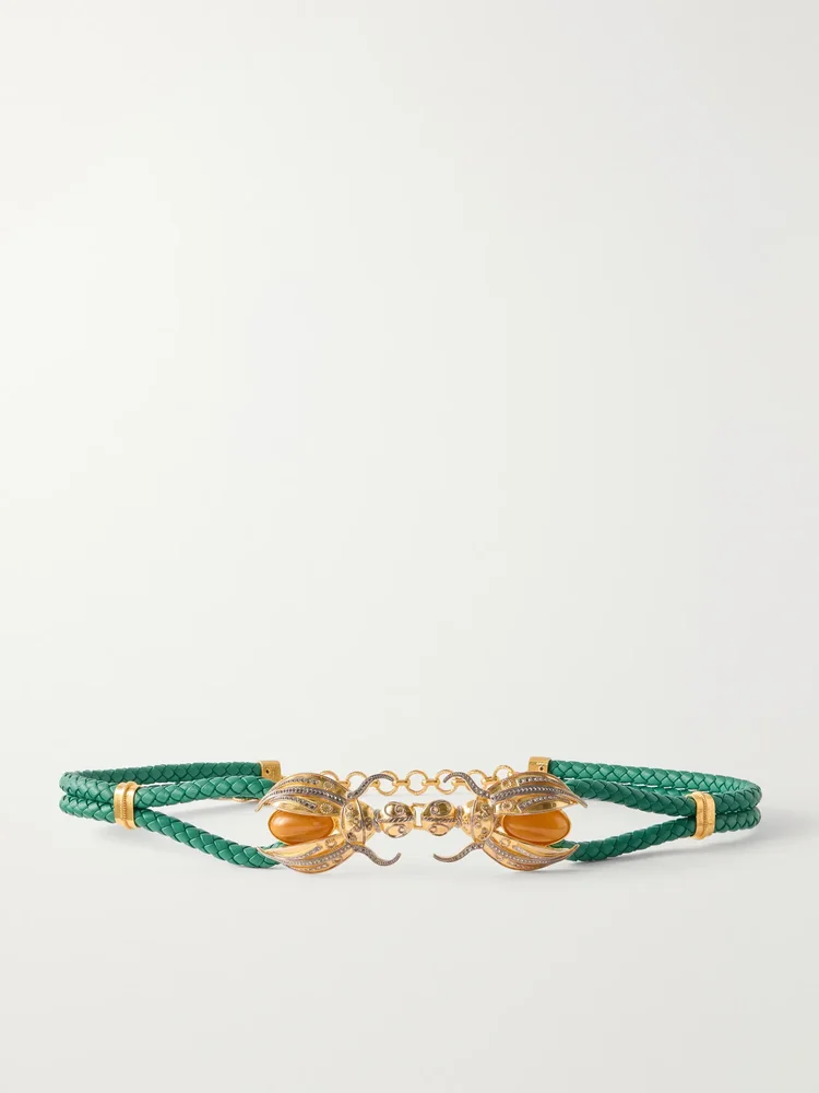 Scarab gold-tone and woven leather belt