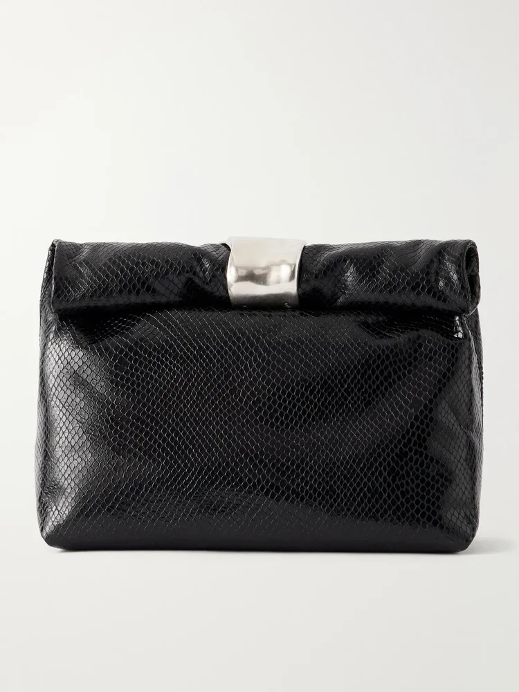 Snake-effect leather clutch
