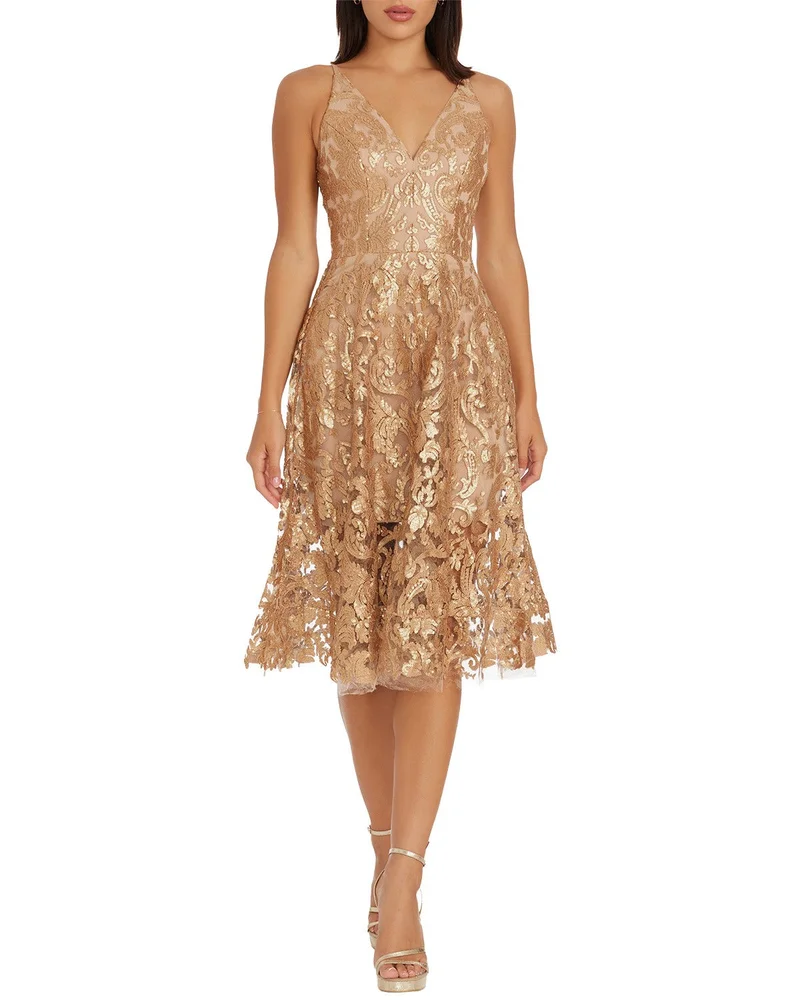 Blair Plunge V-Neck Sequin Lace Midi Dress