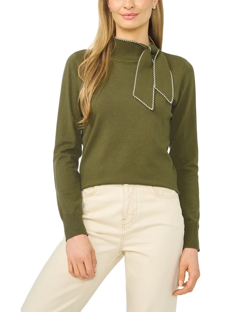 Embroidered Tie Neck Sweater