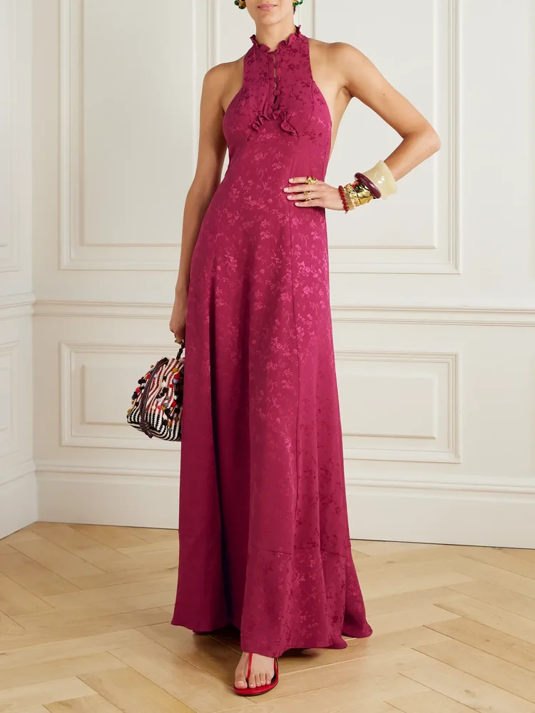 Valentine ruffled silk-jacquard halterneck maxi dress