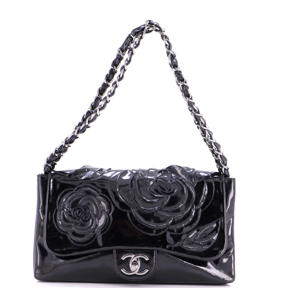Tweed Petals Camellia Flap Bag Patent Medium