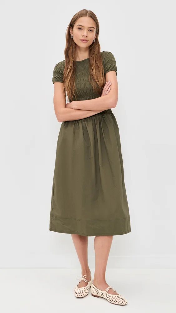 Smocked Boatneck Midi Dress