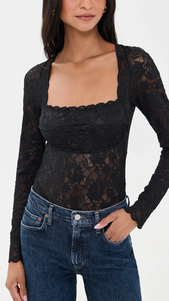 Long Sleeve Lace Teddy Thong Bodysuit