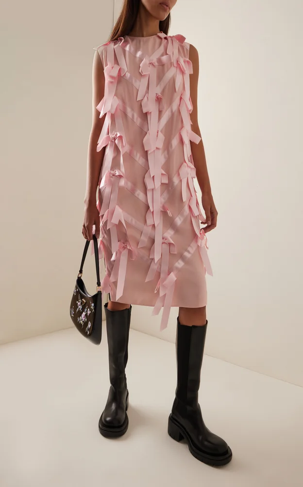 Ribbon-Embroidered Satin Midi Dress