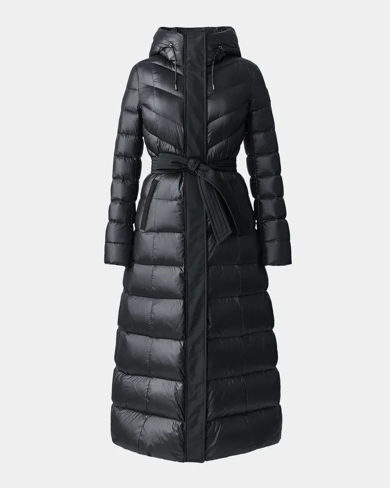 Calina-RZ Chevron and Box-Quilt Long Down Coat