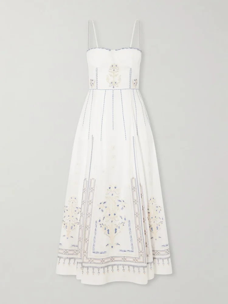 Valya embroidered pleated cotton-poplin midi dress