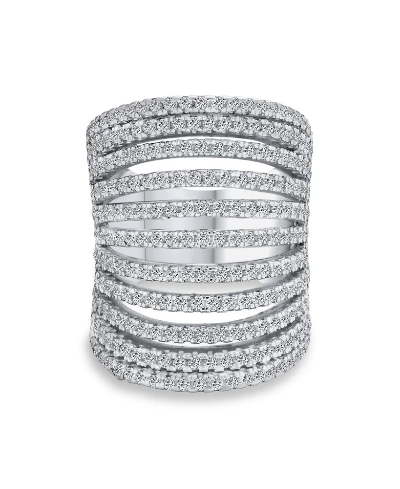 Modern Multi Stripe CZ Pave Full Finger Statement Ring .925 Sterling Silver