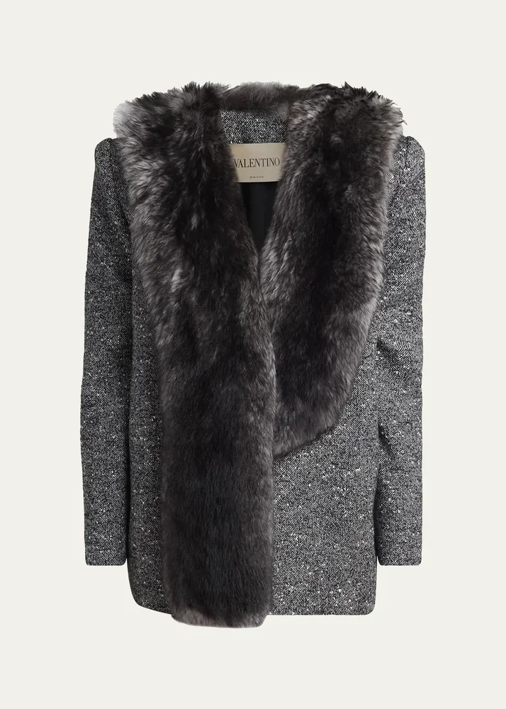 Lamb Shearling Lapel Oversized Wool Jacket