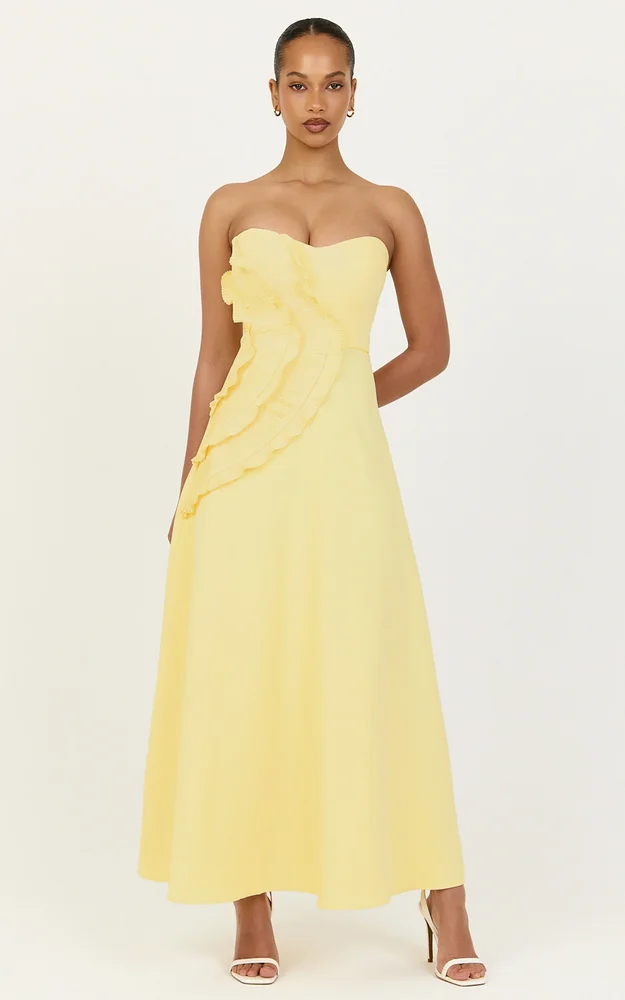 Dahlia Midi Dress, Strapless Side Frill Pleated A Line Dress in Lemon