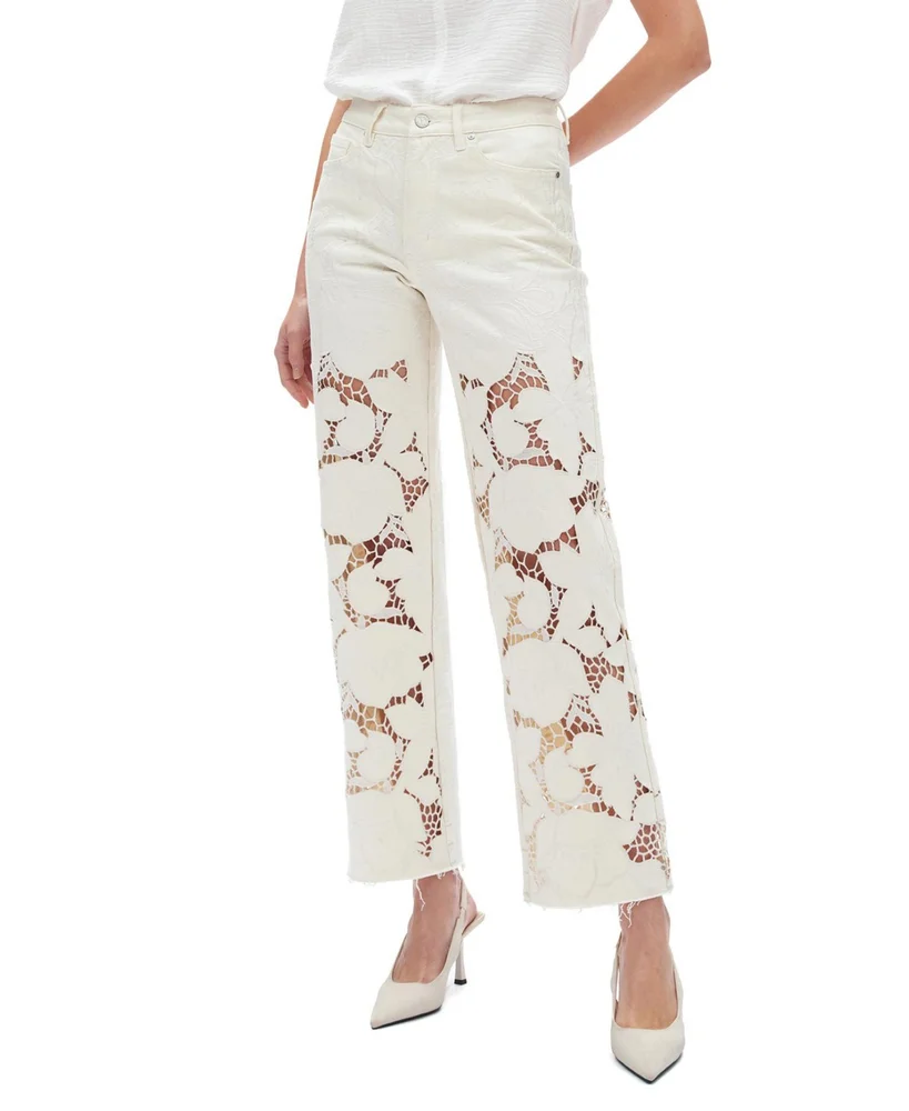 High Rise Embroidered Relaxed Straight Jeans in Beige