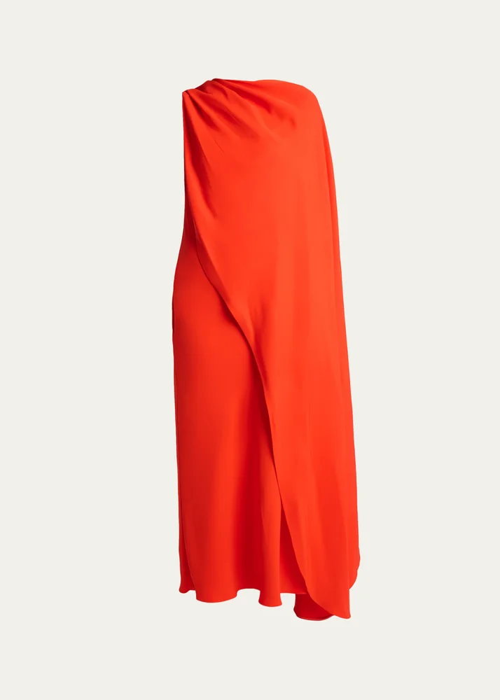 Silk-Wool Draped Cape Midi Dress