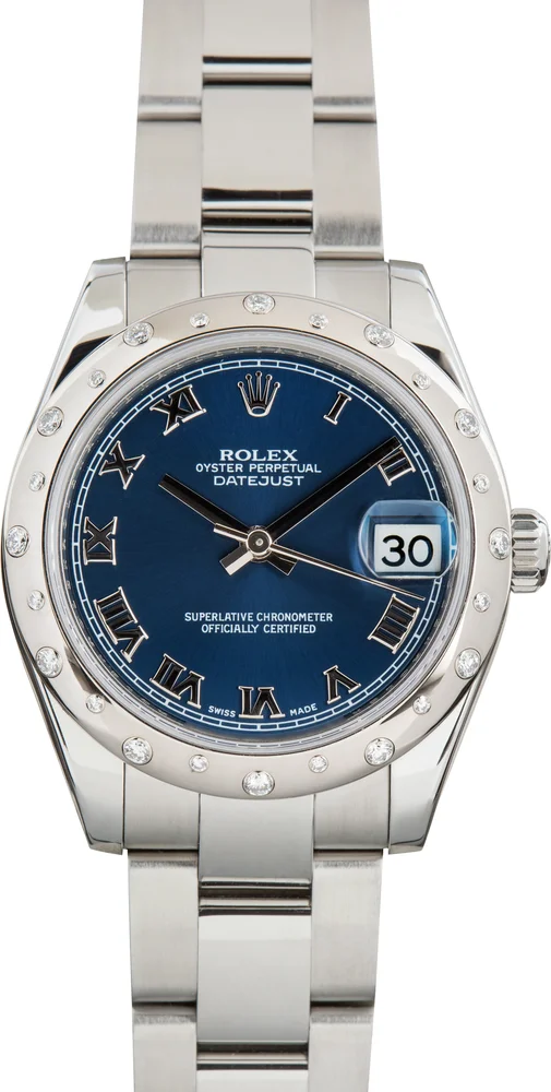 Pre-Owned Rolex Datejust 31 178344 Blue Roman Dial Diamond Bezel Stainless Steel