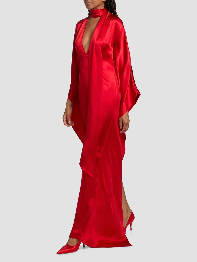 Satin Caftan-Sleeve Gown