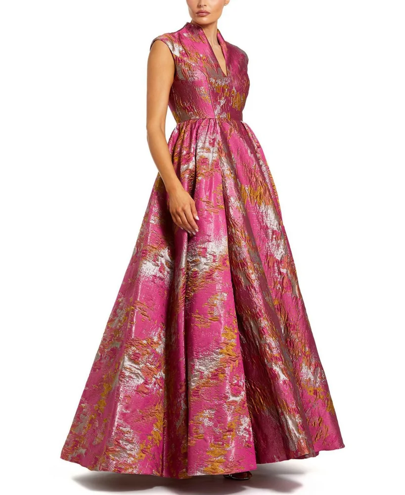 Metallic Jacquard Ball Gown with Notched Collar