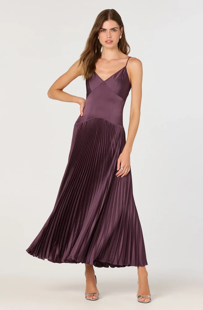 Astr the Label Satin Pleated Drop Waist Maxi Dress