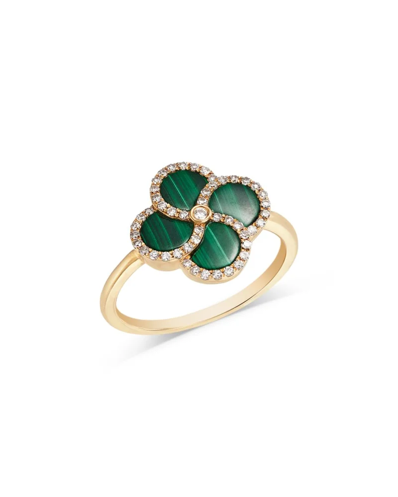Malachite & Diamond Clover Ring in 14K Yellow Gold